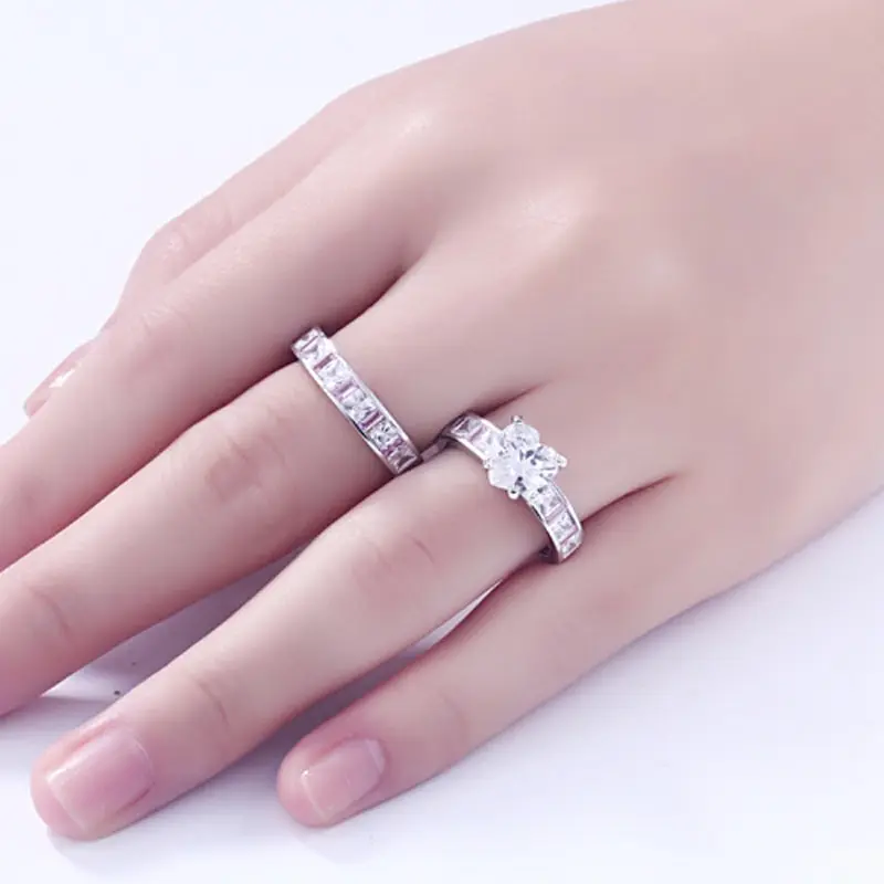 

Jazaz Solid 925 Sterling Silver Women Wedding Ring Sets classic Style Heart Stones engagement Anniversary Girls rings Gift B0584