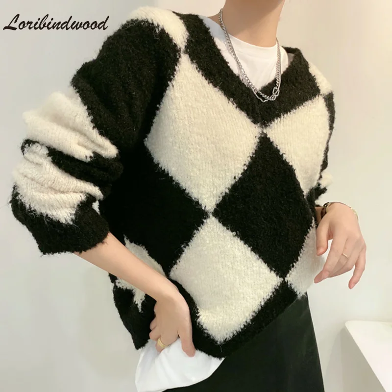 

Loribindwood Lazy Style V-neck Pullover Sweater Women Autumn 2021 New Retro Hong Kong Style Diamond Lattice Contrast Sweater