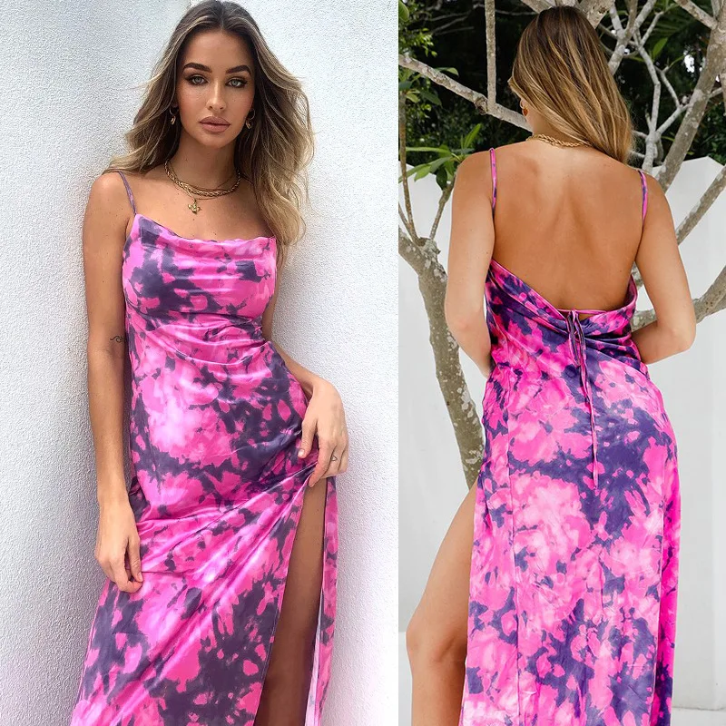 

Rose red tie-dye print dress 2021 summer sexy backless suspender long skirt nightclub dress
