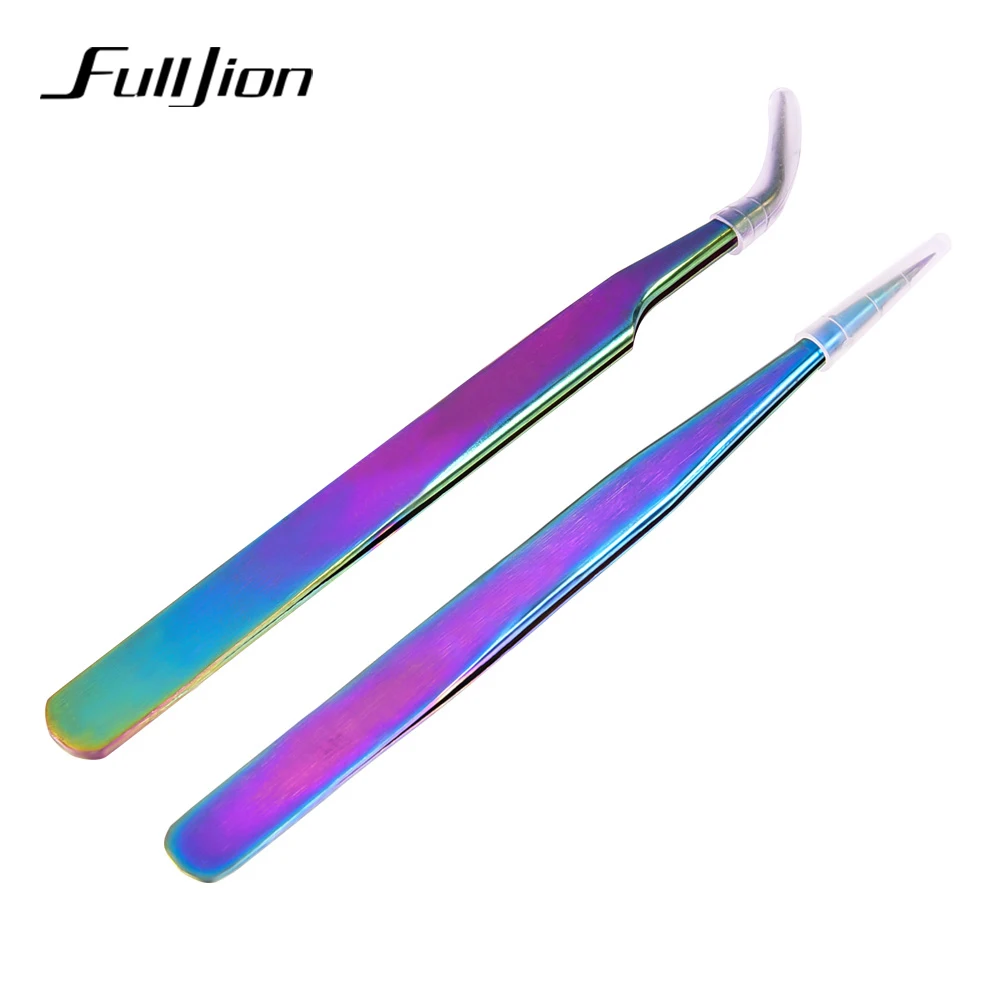 Fulljion изогнутые прямые пинцеты для бровей из нержавеющей стали c радужным