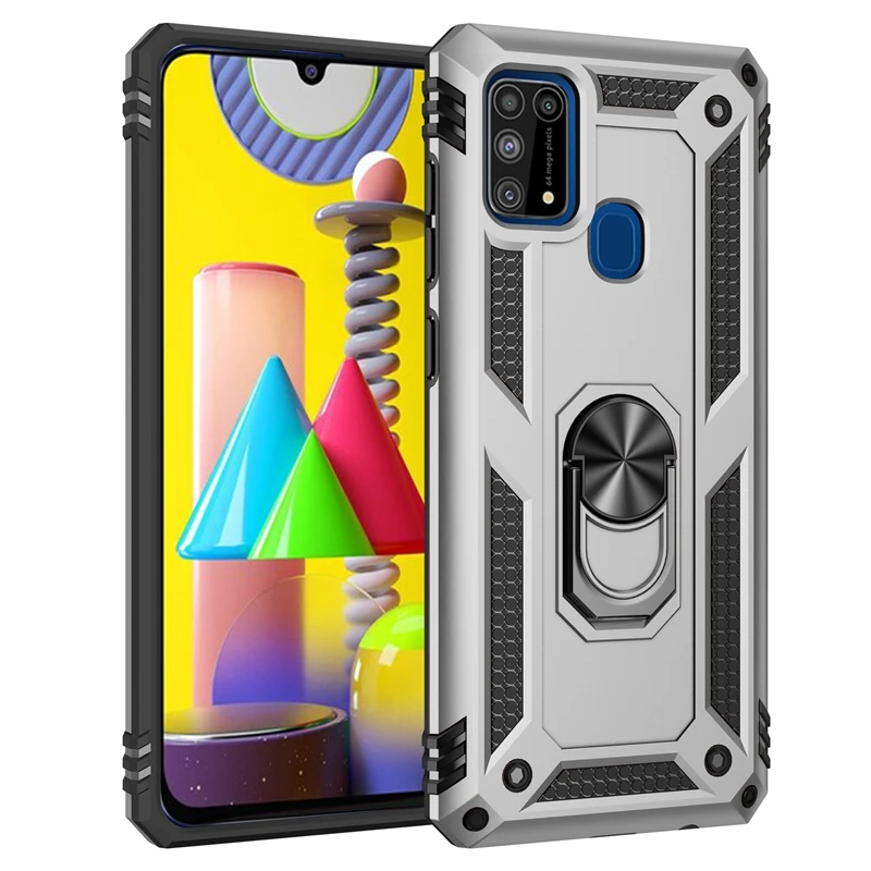 

Luxury Armor Case For Samsung M31 M31S Silicone Bumper Hard Back Cover For Samsung Galaxy M51 M21 M11 M01 Ring Holder Stand Case