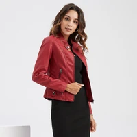 elegant stand collar red leather jacket women spring autumn pu coat black girls faux leather jackets
