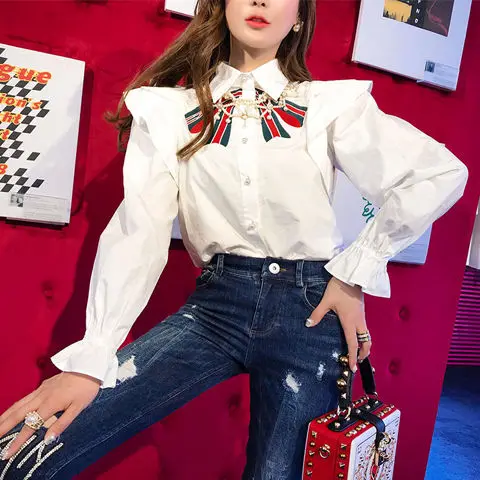 

Женская хлопковая блузка с длинным рукавом, белая винтажная блузка с бантом и вышивкой, большие размеры, осень 2019