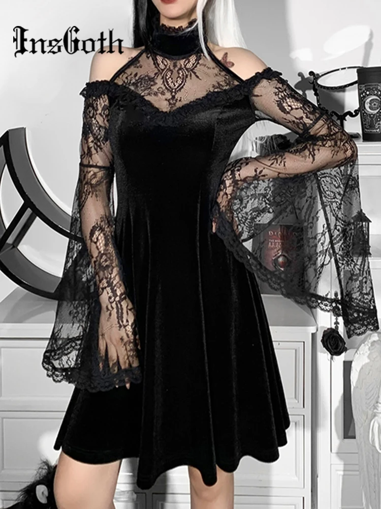 Пикантное платье InsGoth в готическом стиле с открытыми плечами и кружевной