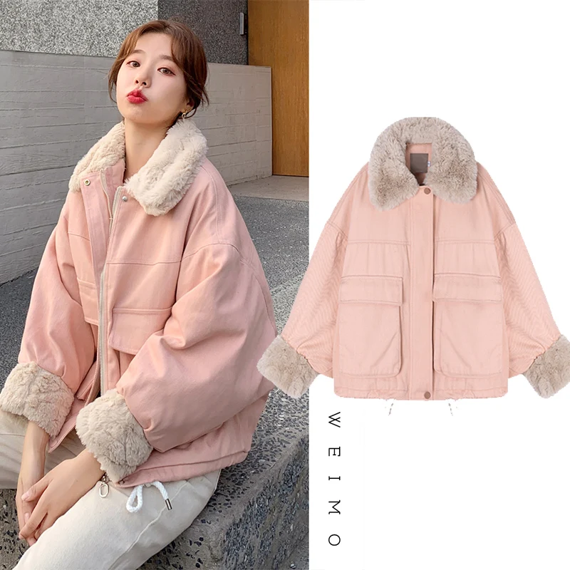 

New Loose Autumn Jacket Women Winter Lambswool Stand Collar Jackets Cotton Liner Parkas Warm Coats Woman Wool Bat Sleeve Coat