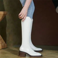 new women genuine leather high heel knee high motorcycle boots female winter warm thigh high square toe pumps shoes casual shoes