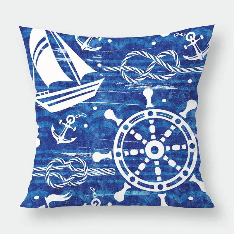 Sea Blue Compass Printed Cushion Cover Anchor Pattern Marine Ship Throw Pillow Case Decorative Pillowcase Cojines Almofadas - Цвет: 2