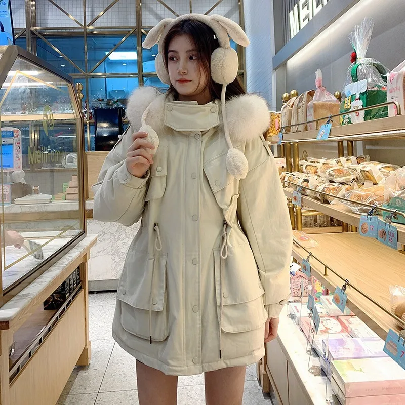 Новый стиль зимняя куртка пуховик для женщин кулиска на талии средней длины с