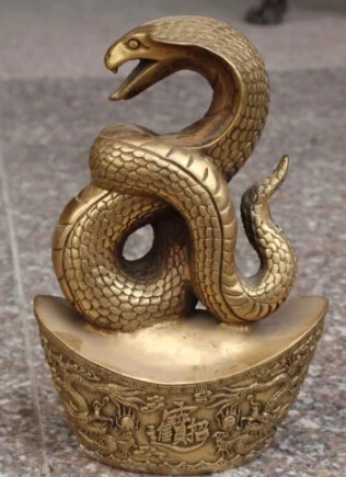 

RHS0172, 9 дюймов, помеченный китайские бронзовые богатые Yuanbao Snake Animal Dragon 5 Lu статуя Маммона
