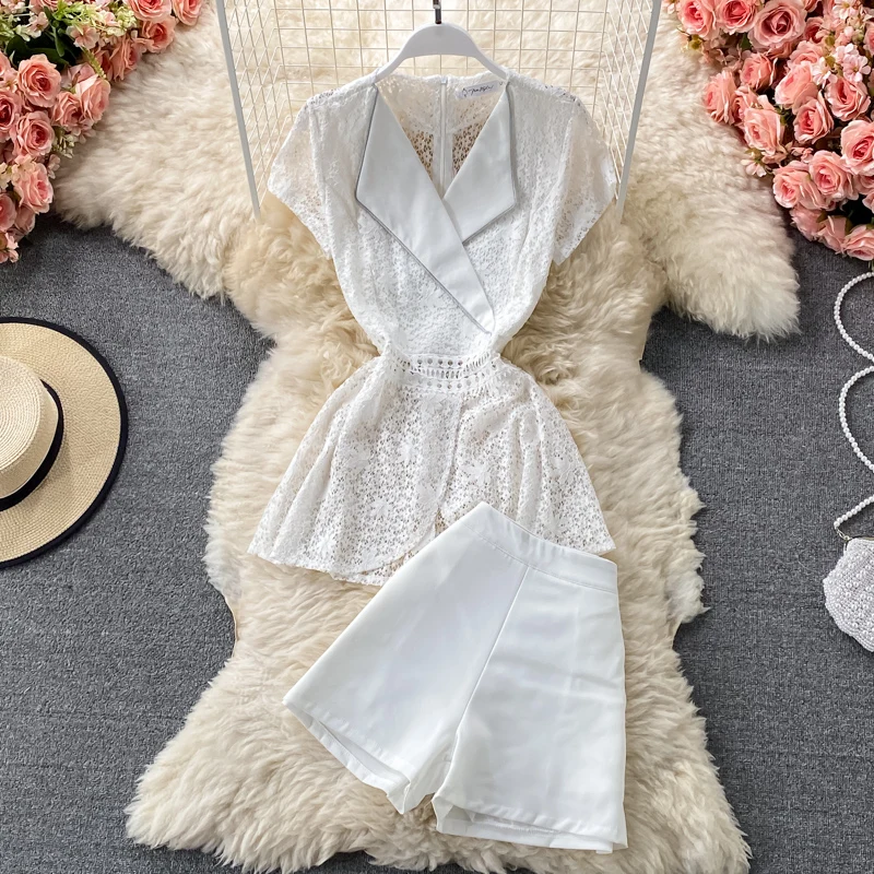 

Women Two Piece Set Summer Fashion V-neck Short Sleeve Hollow Out Lace Top + High Waist Shorts Suits Korean Woman Clothing Sets