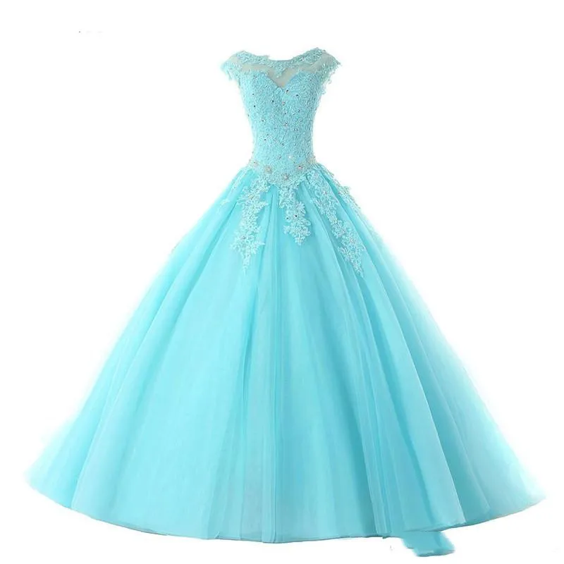 

Vestidos De Noche Sky Blue Sexy Backless Beaded Quinceanera Prom Dresses Lace Patch Sleeveless Party Gowns Robe Soirée Femme