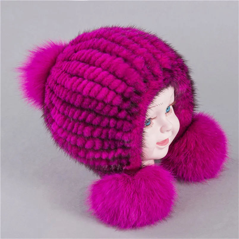

kids winter fur hats cap with pompom Real mink fur hat knitted warm fluffy kids children beanie boy girls caps H76