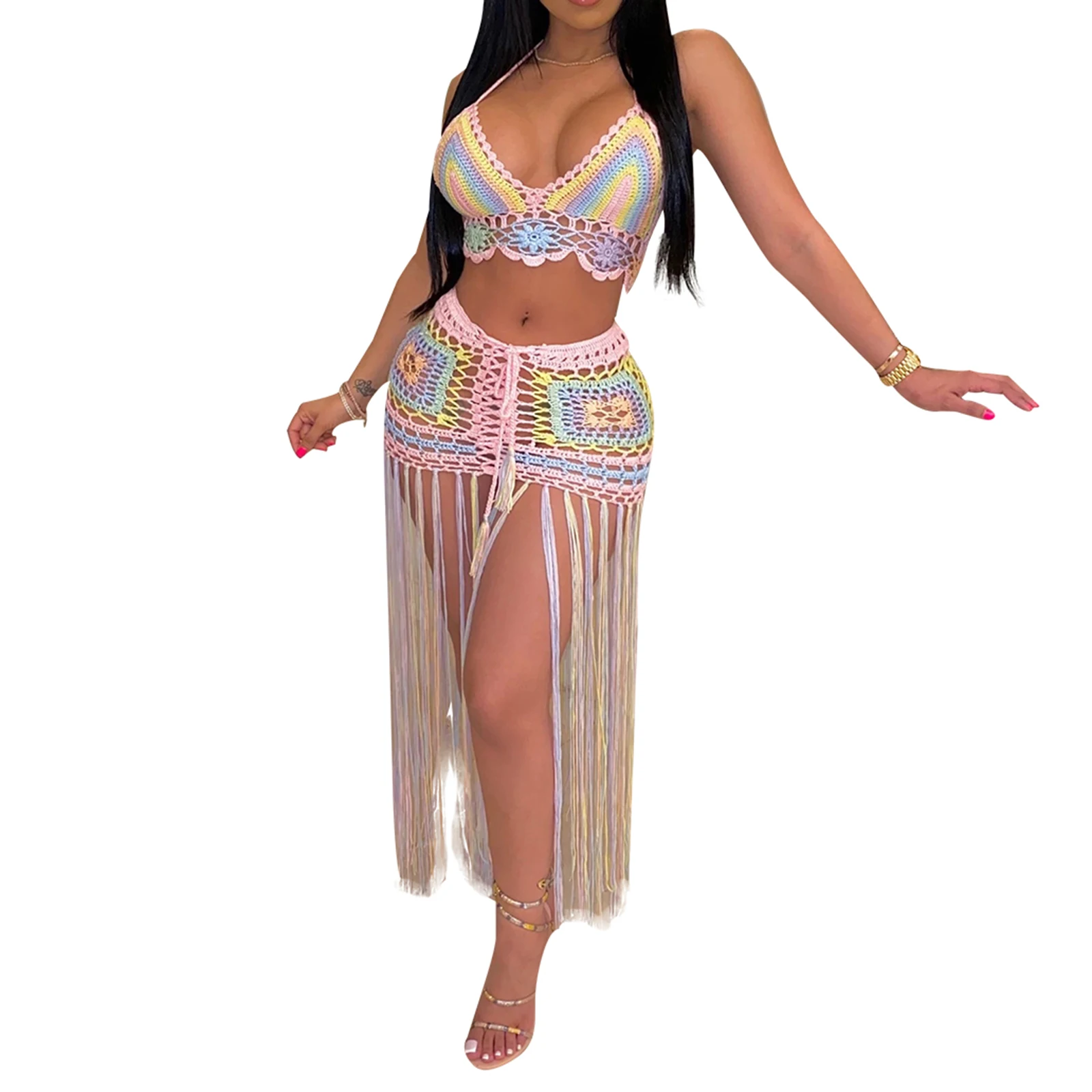 

Женский Повседневный комплект из двух предметов, разноцветная укороченная футболка без рукавов с глубоким V-образным вырезом и длинная юбк...