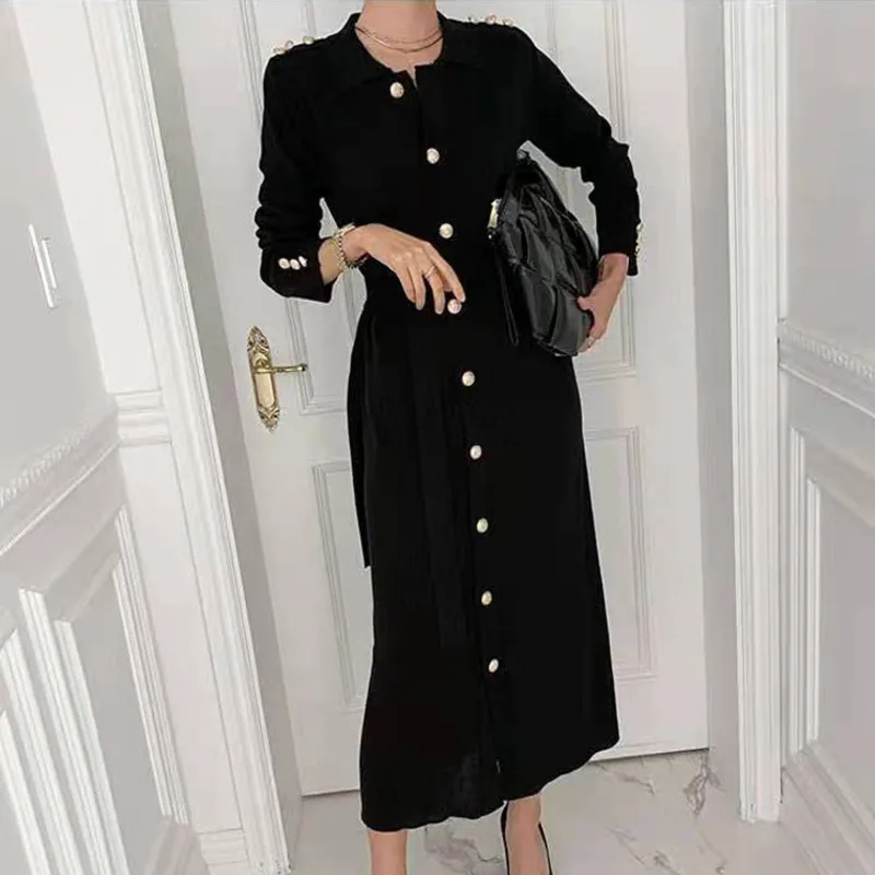 

Autumn Winter Women Vintage Dress Women Long Sleeve Sashes Casual Dress Female Single Breasted Knitted Sweater Dress Robe Femme