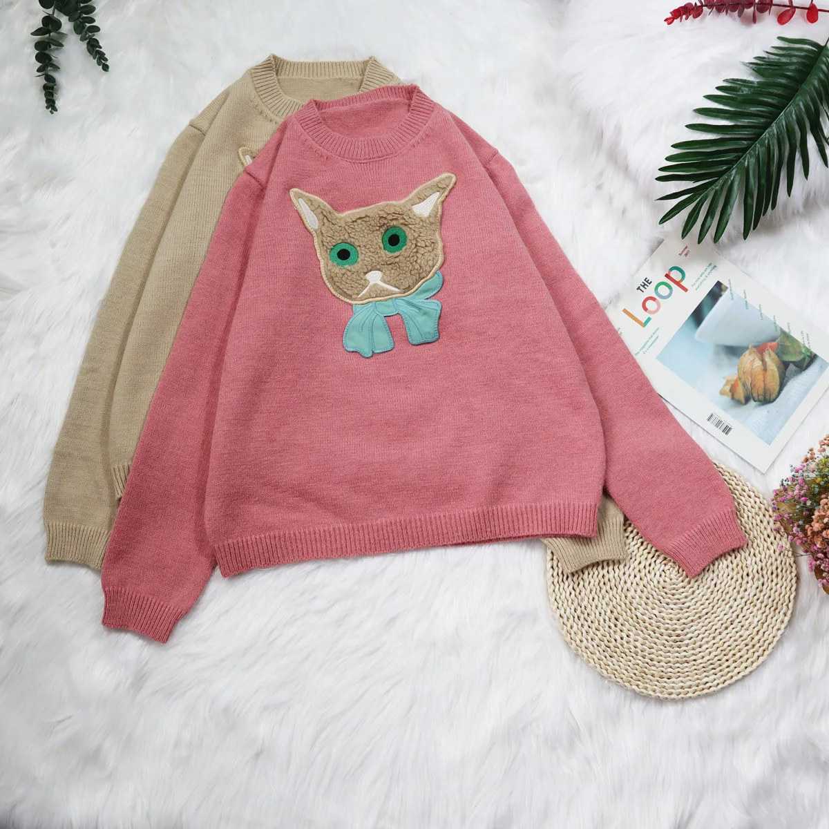 

Женский вязаный свитер EBAIHUI с круглым вырезом и вышивкой в виде мультяшного кота, свободная уличная одежда, пуловер с длинным рукавом, зимня...