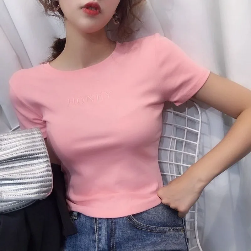 Женская облегающая футболка JuneLove с вышивкой и надписью винтажная Повседневная