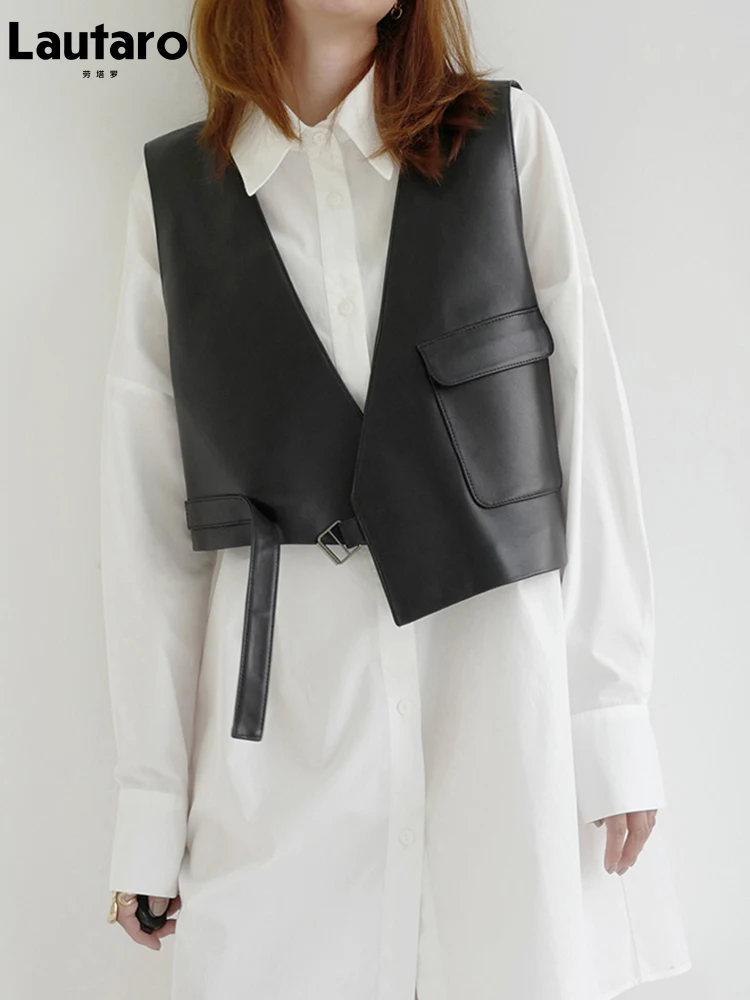 Lautaro Весна короткий черный мягкий кожаный жилет из искусственной кожи с глубоким