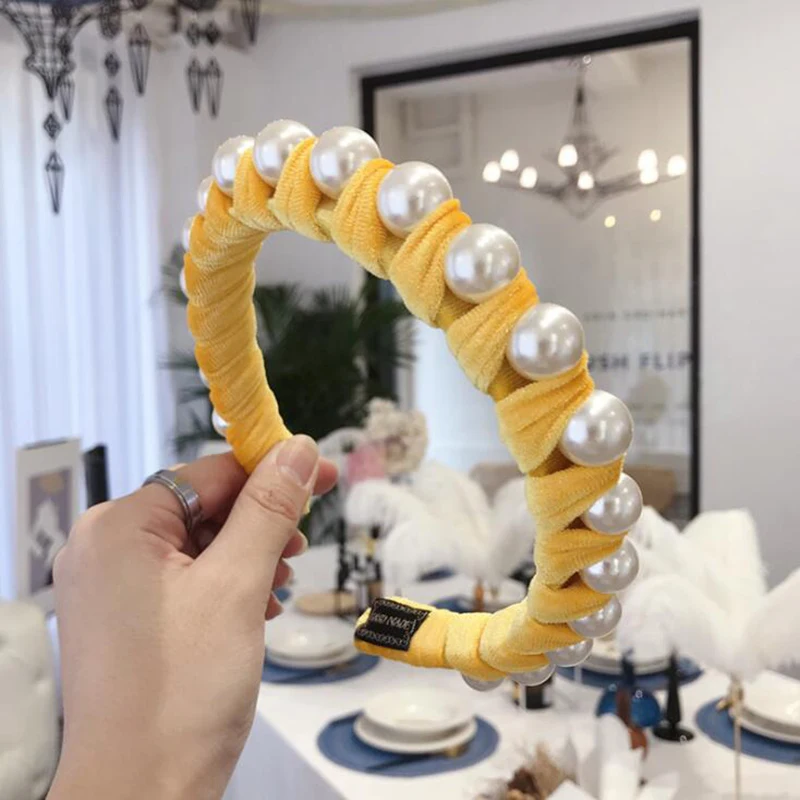 

Fashion Boutique Hair Accessories Women's Pearls Wrapped Gold Velvet Wide-Brimmed Headband Headband Wild Girl Hair Band Headwear