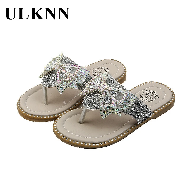 

ULKNN Girls Casual Flip-Flops Baby Girls Fashion Bow Shoes Soft Sole Beach Rhinestone Princess Shoes Summer Fashion Students