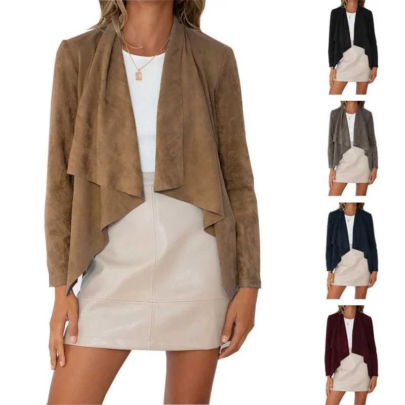 

Women Solid Color Cardigan Suede Jacket Stylish Big Lapel Long Sleeve Short Coat Ladies Open Stitch Cool Seude Tops Streetwear