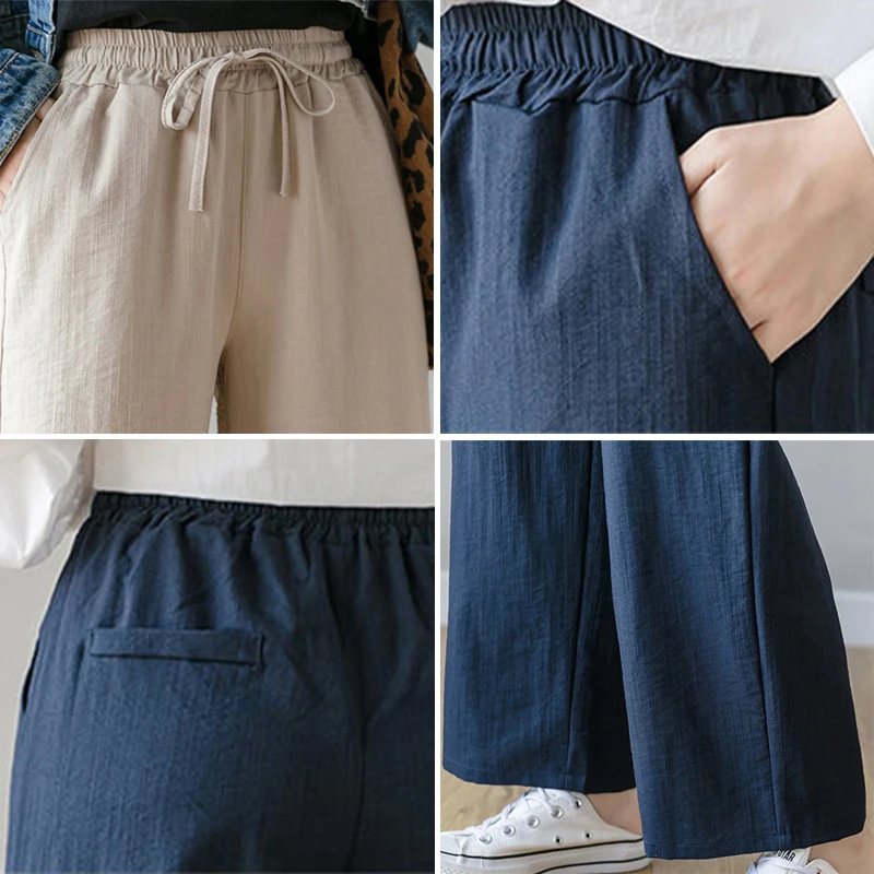 

Casual Cotton And Linen Solid Straight Leg Pants Women Summer Vintage Loose Pants Elastic High Waist Trousers Clothes For Women