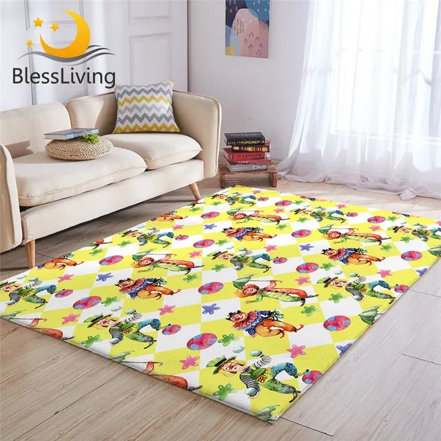 BlessLiving Clowns Large Carpet for Bedroom Watercolor Play Floor Mat Ball and Umbrella Area Rug Yellow and White Center Rug 1pc 1