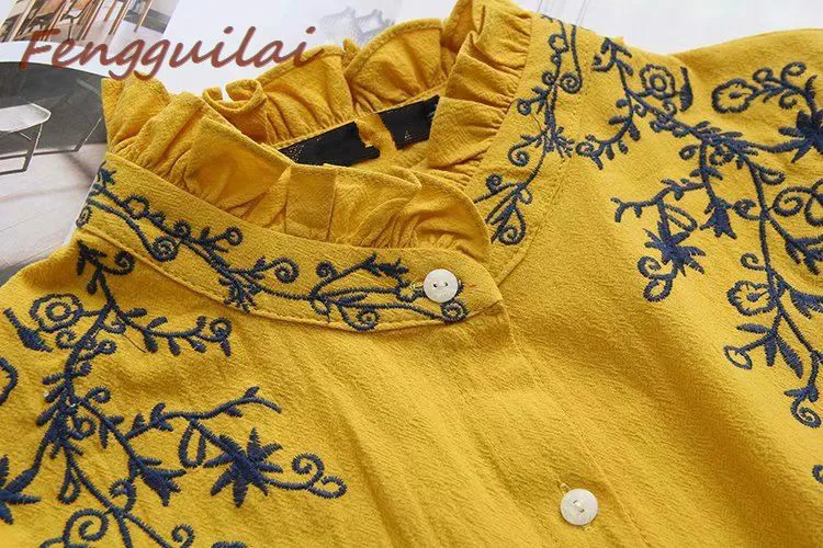 

FENGGUILAI Autumn Casual Blouses 4XL Plus Size Women Clothing Fashion Loose Long Sleeve Cotton And Linen Embroidery Ruffled Shir