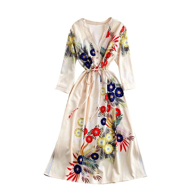 

Summer New Style Elegant Mid-sleeve Temperament Vestidos Female V-neck Lace Slim Printed Midi Dress DK522