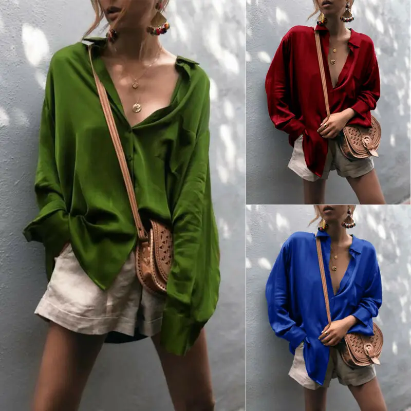 Блузка Женская атласная с глубоким V-образным вырезом модная повседневная