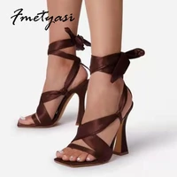 summer women sandals sexy silk lace up female gladiator high heel fashion green pink square open toe ladies heel large size 43