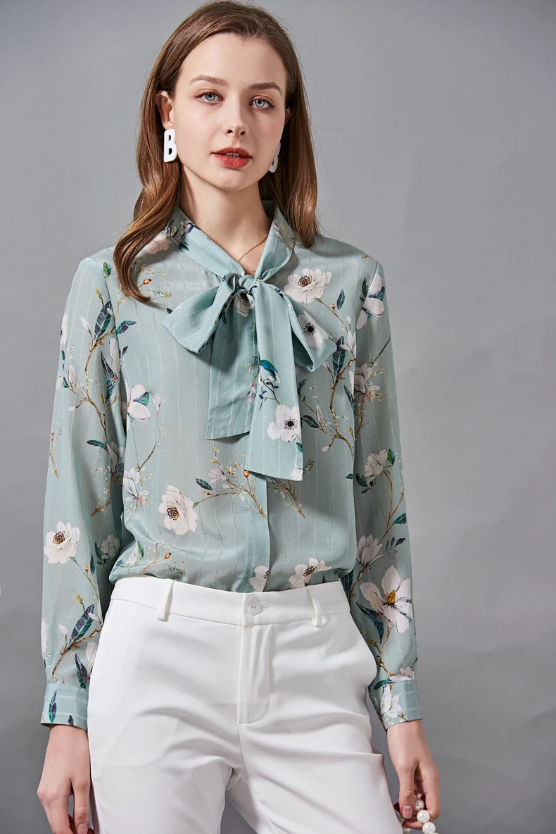 

100% Silk Women's Shirt Bow Collar Lace Up Floral Printed Elegant High Street Blouse Camisa Tops