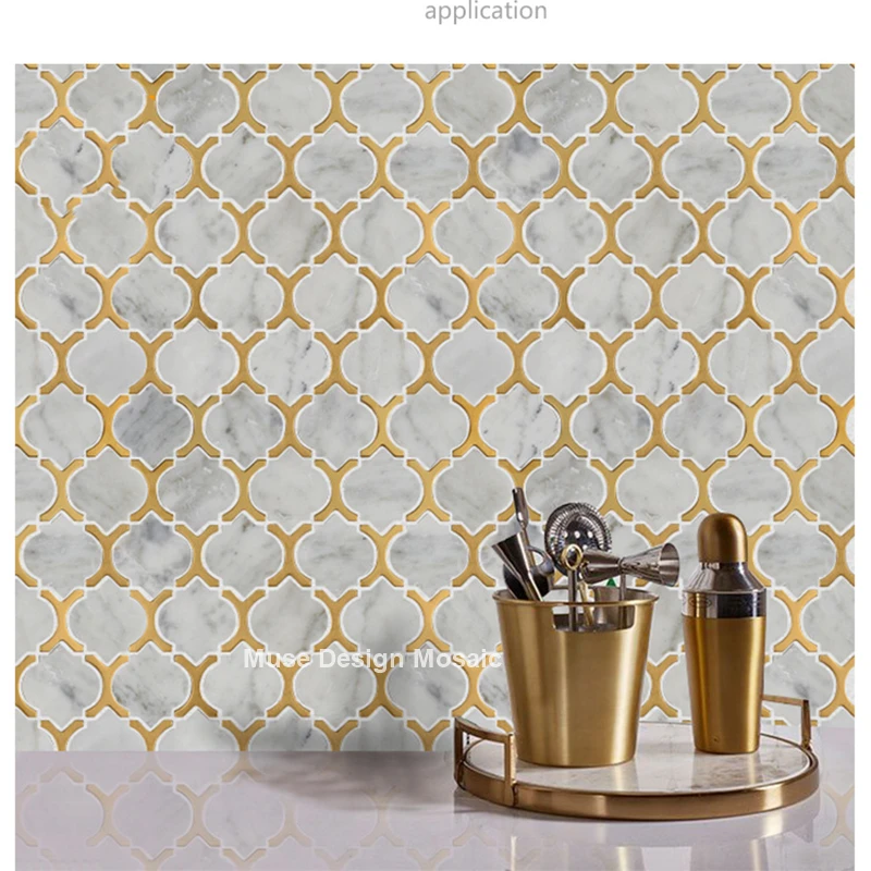 

NEW Luxury Nordic Lantern shaped Gold Metal White Marble Mosaic tiles, kitchen backsplash bathroom living room wall/floor tile