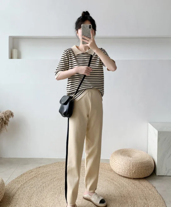 

2021 spring and summer new women's sports leisure ice silk knitting stripe short sleeve fashion T-shirt fashion two piece suit