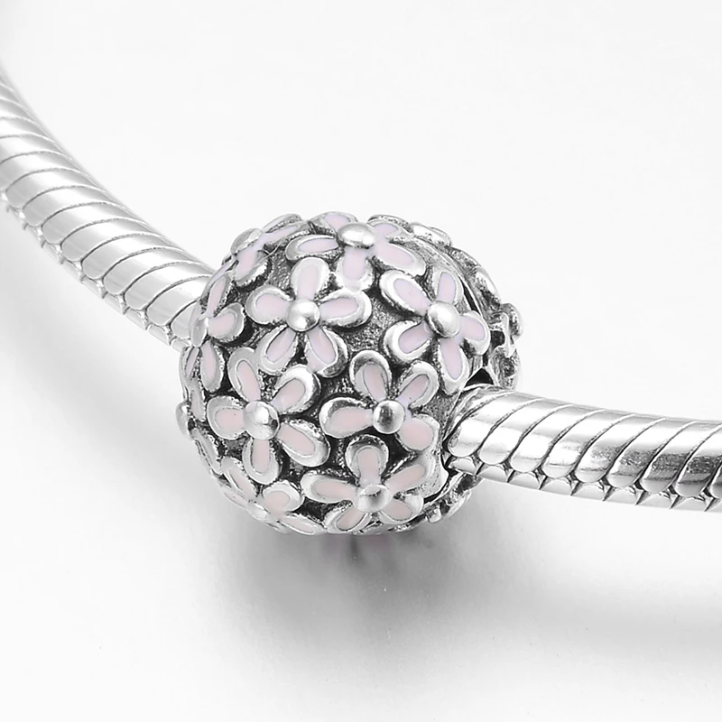 Розовые круглые бусины-зажимы с цветами из серебра 925 пробы подходят для