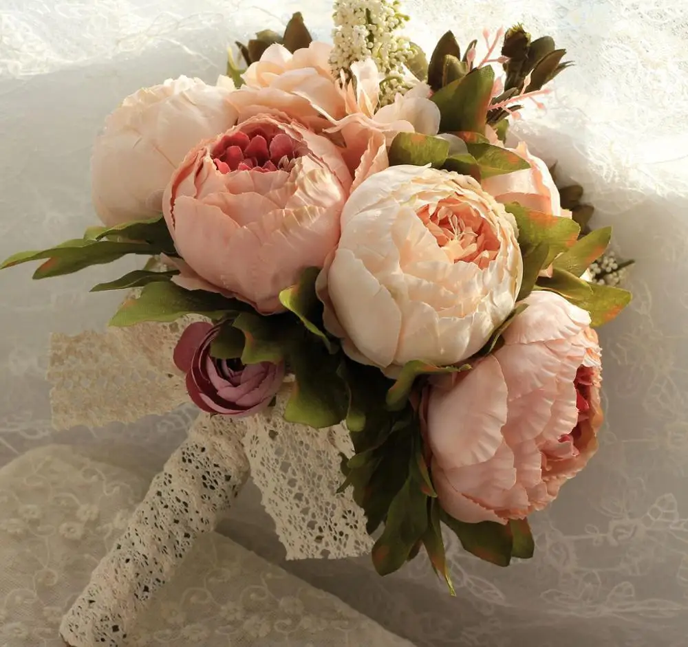 

Искусственный букет невесты с кружевной лентой Boho цвета шампанского, розового, фиолетового цветов в винтажном стиле, свадебные аксессуары, ...