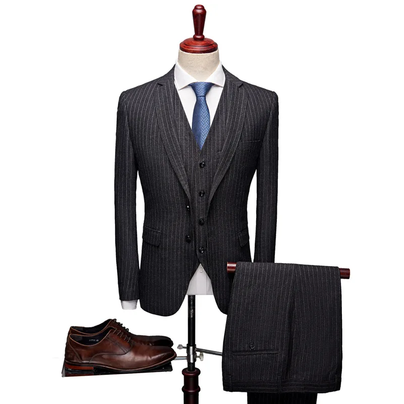 

Black Male Prom Wedding Tuxedo Suits Men Fashion Striped Groom Suit Mens Slim Fit Three Piece Suit (Jacket+Pants+Vest)
