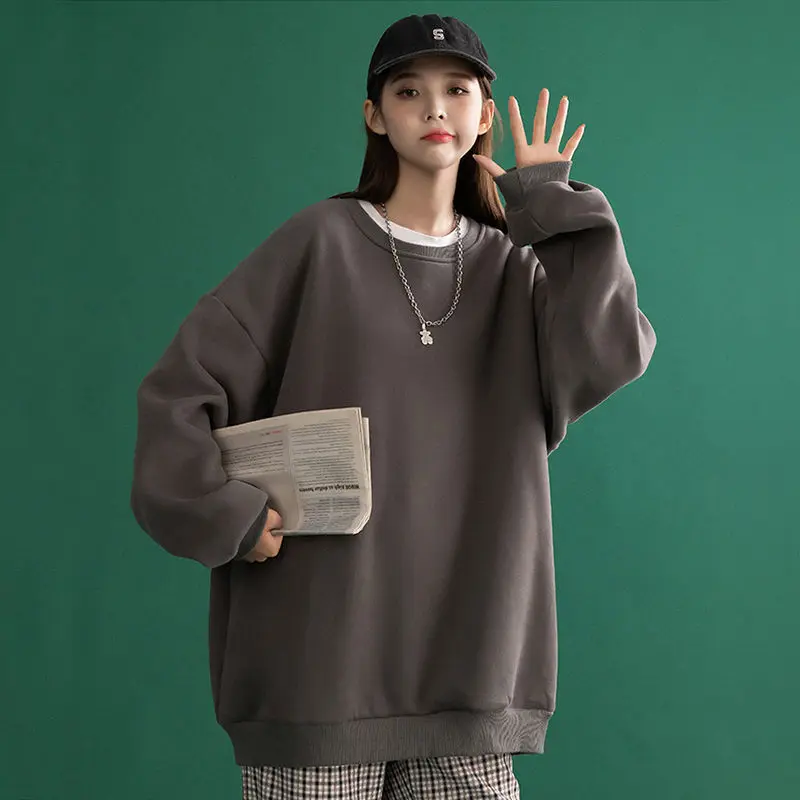 

Осенняя куртка Однотонный свитер с длинным рукавом Женская Корейская версия Свободный пуловер с круглым вырезом верхняя одежда тонкая осе...