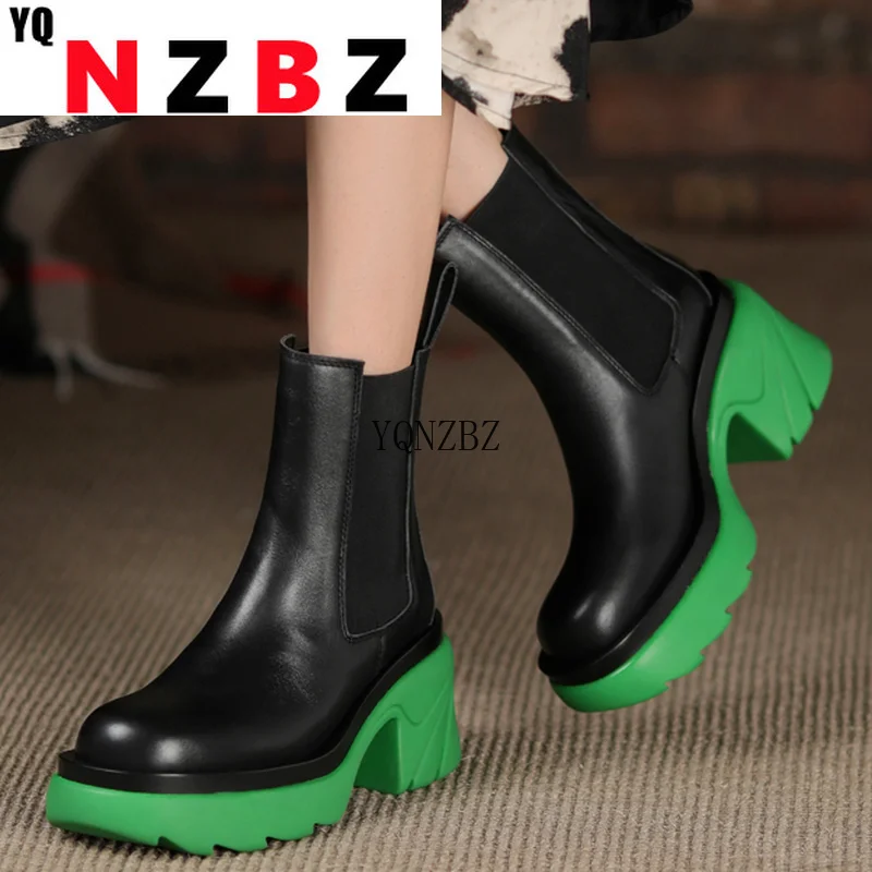 

Women High-heeled Boots 2021 Autumn Thick-heeled Fashion Platform Women's Boots Round Toe Casual Stitching Women's Elastic Boots