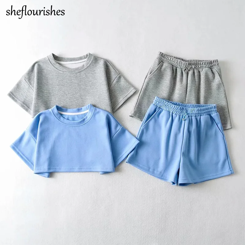 

Casual t shirt women 2021 summer short sleeve top korean 2 piece set women solid outfits loose high waisted shorts blue gray