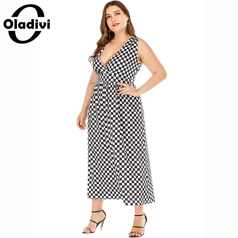 

Oladivi Plus Size Women's Black Whtie Plaid Sleeveless High Waist Long Dress Summer Lady Big Size Sundress Boho Tank Dresses 803