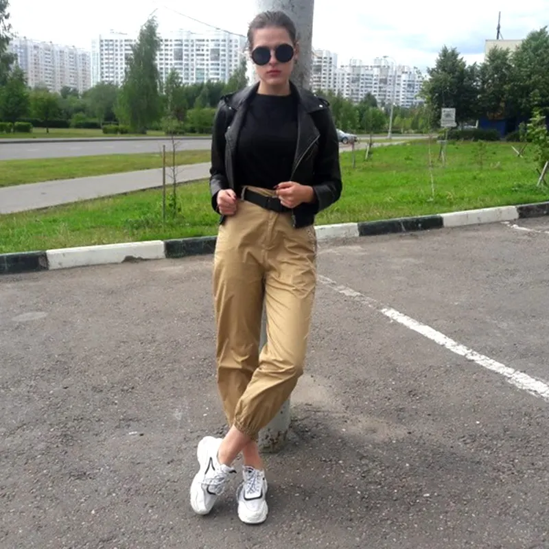 Женские длинные брюки с цепочкой черные свободные высокой талией в стиле хип-хоп