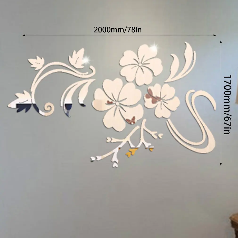 

3d stereo mirror wall sticker hibiscus silver