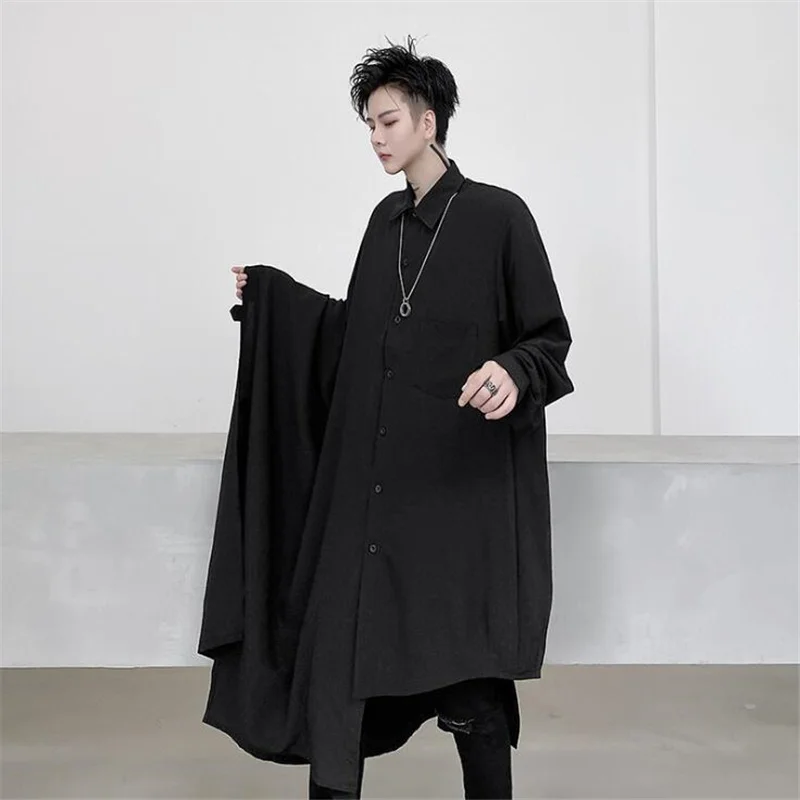

Men asymmetric oversized long shirt street hip hop shirts man harajuku vintage punk blouse DJ singer stage costume