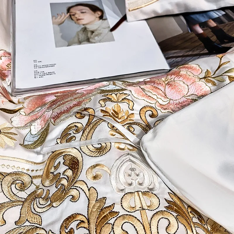 

Chic Luxury Embroidered Hotel White Duvet Cover Set Soft Egyptian Cotton Queen King size Quilt Cover Bed Sheet set Pillowcase