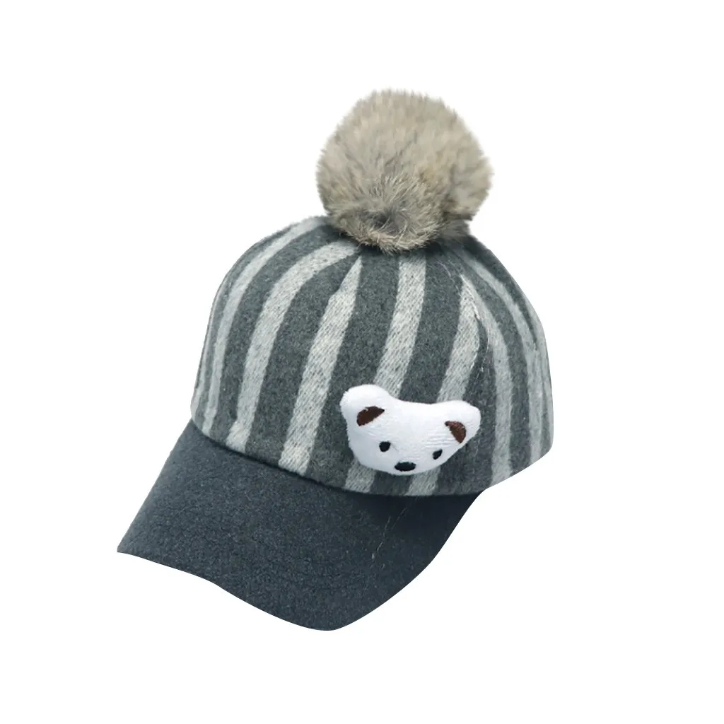 Children Woollen Cloth Stripe Little Bear Hair Ball Baseball Cap Hat Hip Hop Caps Fitted Snapback Cotton sports cap | Аксессуары для