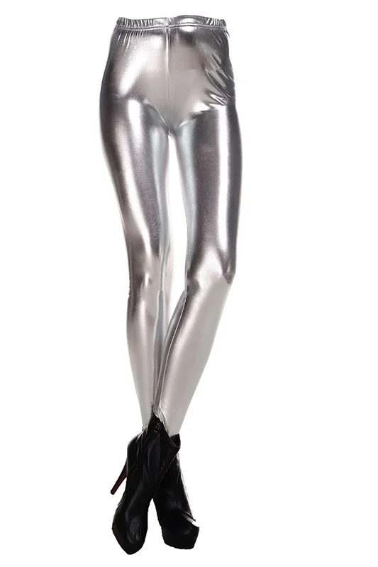 Женские блестящие леггинсы с эластичным поясом серебристые облегающие