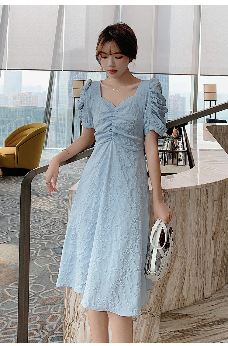 

Real Photo 2021 summer new French retro palace style Square neck puff sleeve dress Women elegant Dresses
