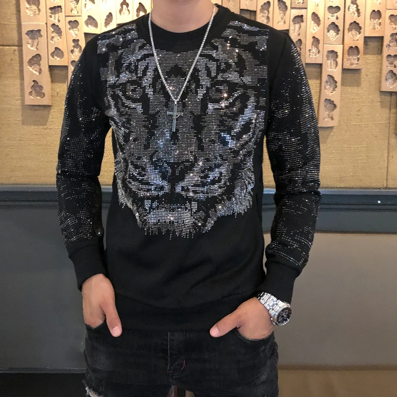 

Men Sequin Printing Tiger Head Loose Casual Fleece Pullover Hoodie Male Streetwear Hip Hop Sweatshirt Outerwear Stage Clothing