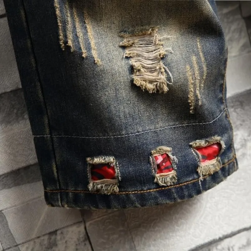 

Summer New Mens Hole Ripped Jean Shorts Japan Style Vintage Knee-Length Jeans Fashion Personality Patchwork Denim Short Pants