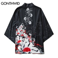 gonthwid carp koi fish flowers print mens japanese kimono cardigan shirts jackets hip hop casual open front coat streetwear tops